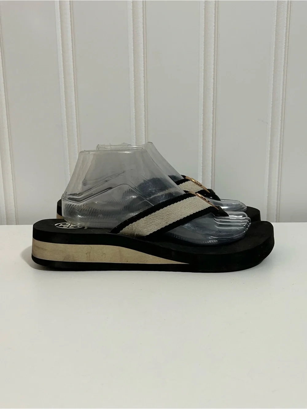 Tory Burch Black Footbed Flip Flops with Cream Straps platform